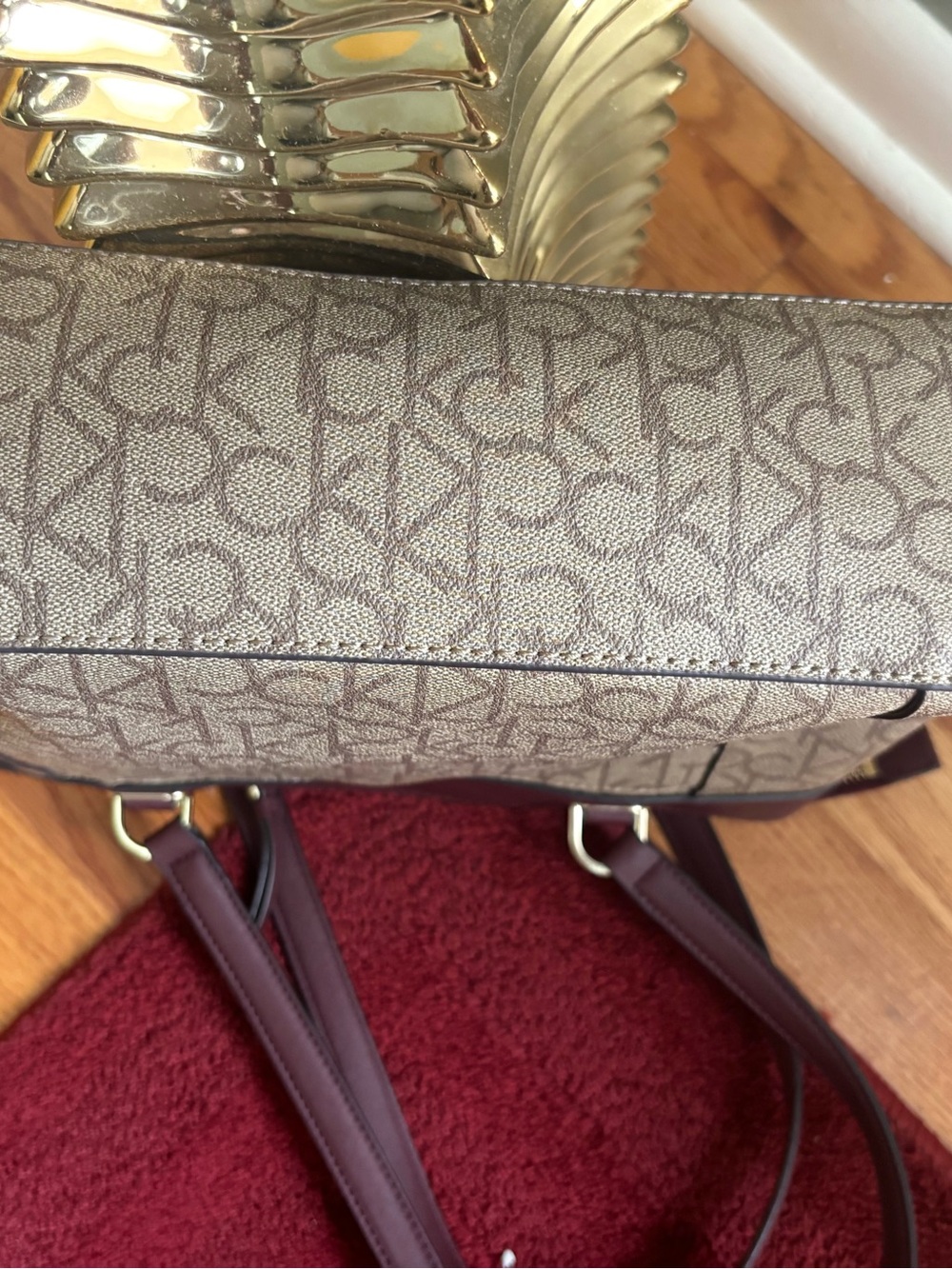 Calvin Klein Beige Monogram Tote with Burgundy Trim - Picture 7 of 7